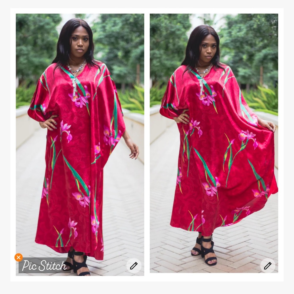 Winlar Red Satin Floral Kaftan Maxi Dress